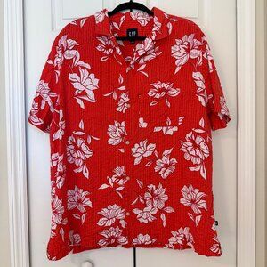 NWOT Gap Mens XL Red Cayenne Seersucker Floral Hawaiian Tropical Print Shirt